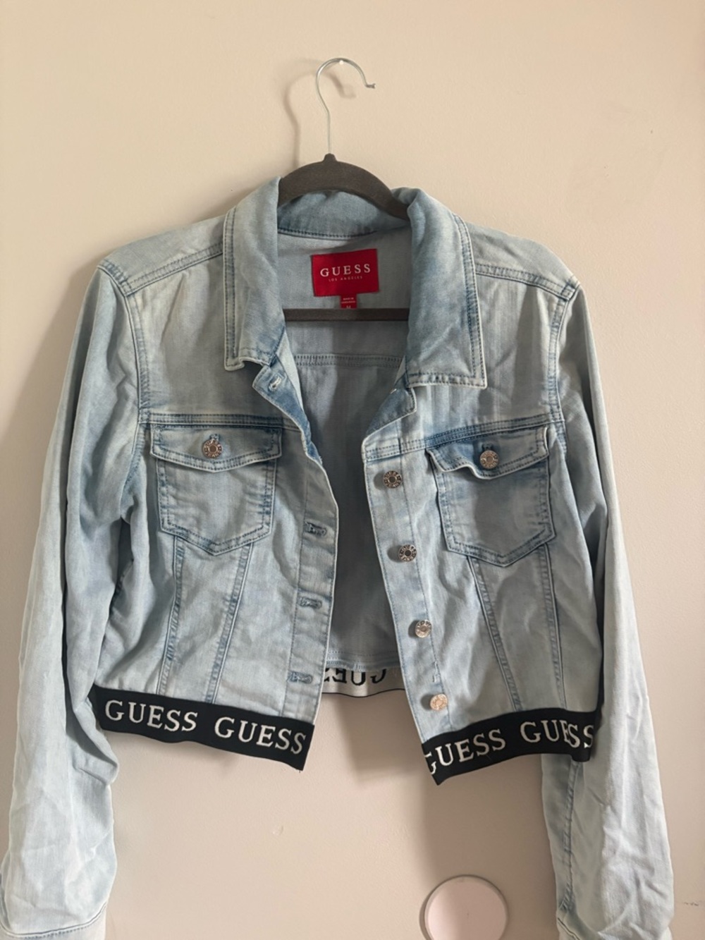 GUESS Light Wash Denim Jacket with Black Branded Hem